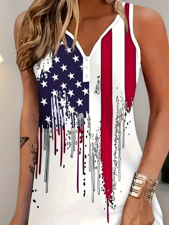 Women Independence Day (Flag) Sleeveless Summer Printing Dress Notched Daily Casual Mini Tank H-Line Dress
