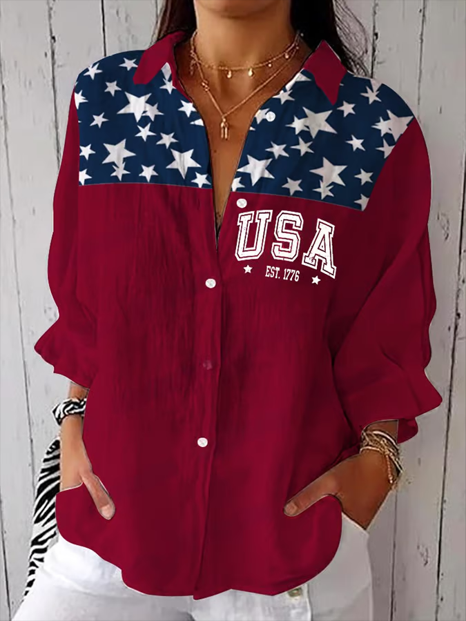 Women Independence Day (Flag) Three Quarter Sleeve Shirt Spring/Fall Printing Shirt Collar Daily Casual Top