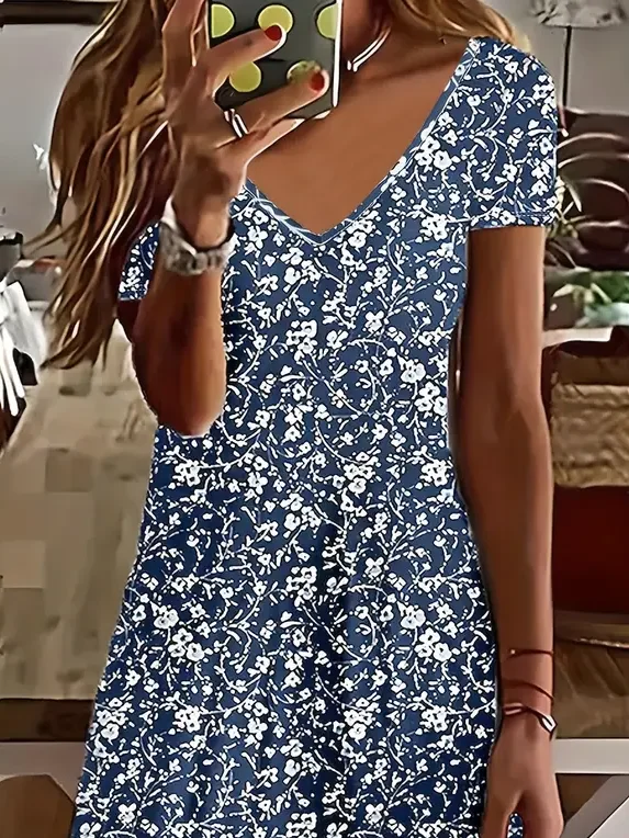 Women Floral Short Sleeve Summer Printing Dress V Neck Daily Casual Midi Fit & Flare Dress A-Line Dress