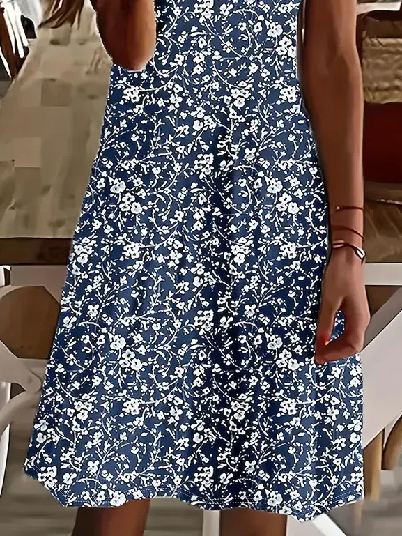 Women Floral Short Sleeve Summer Printing Dress V Neck Daily Casual Midi Fit & Flare Dress A-Line Dress