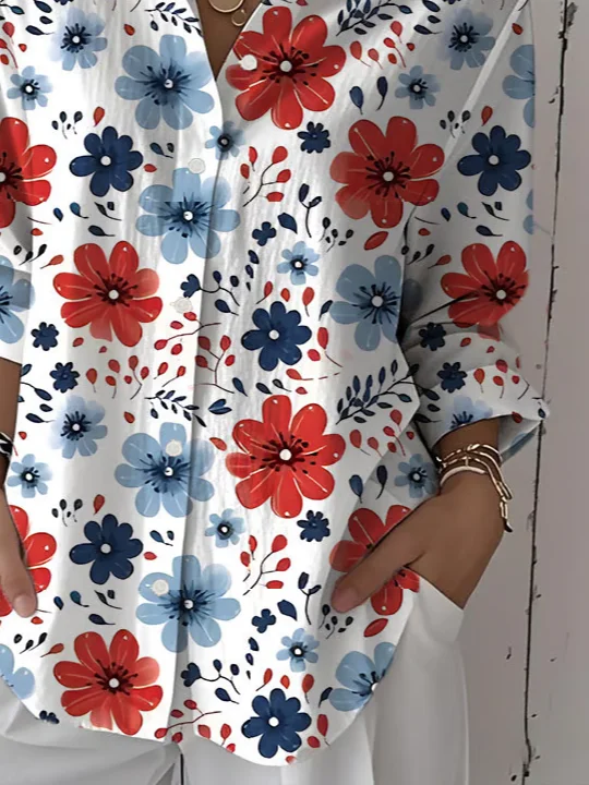 Women Floral Three Quarter Sleeve Shirt Spring/Fall Printing Shirt Collar Daily Casual Top