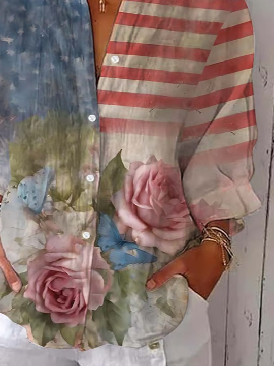 Women Floral Three Quarter Sleeve Shirt Spring/Fall Printing Shirt Collar Daily Casual Top