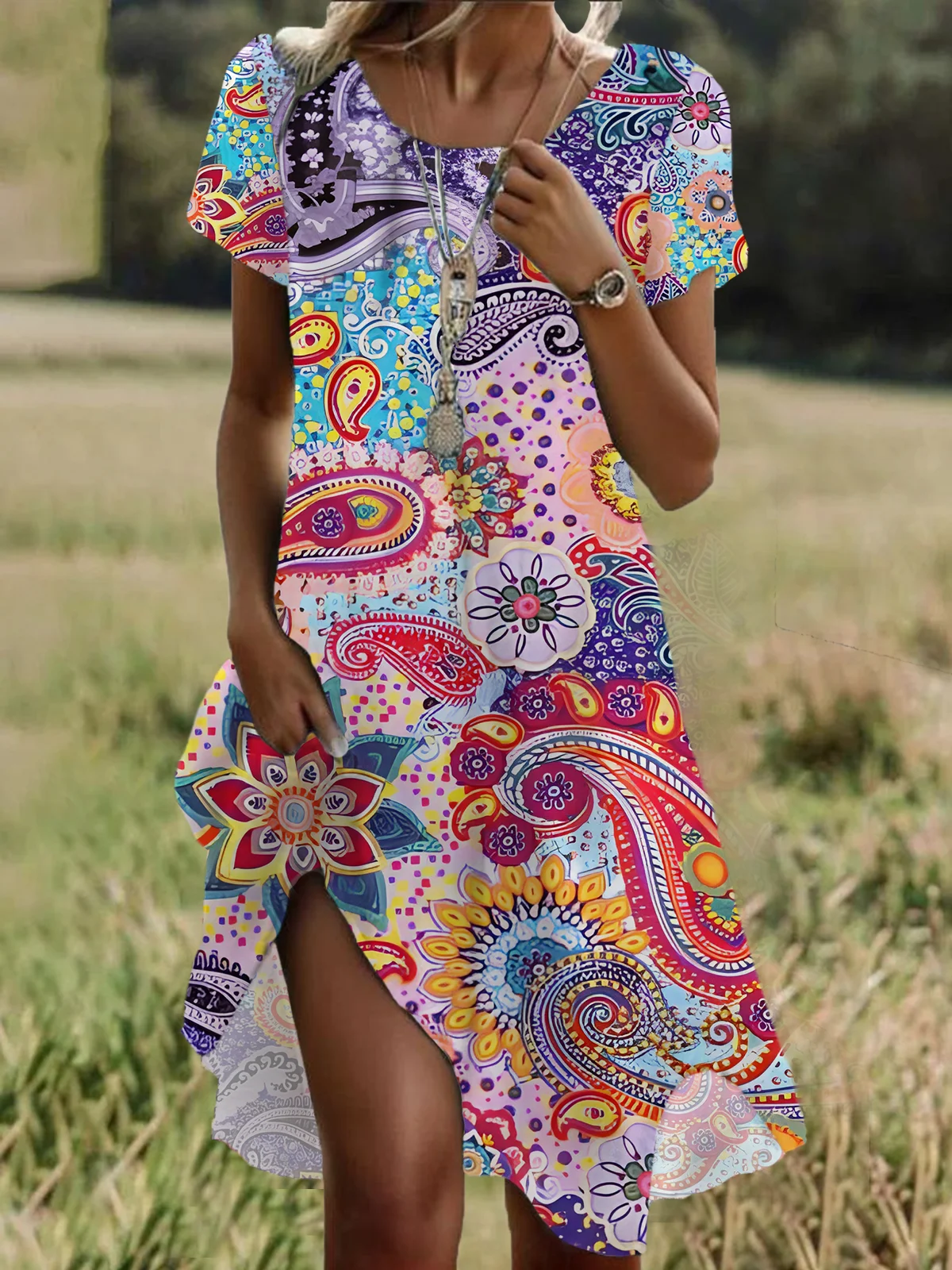 Women Floral Short Sleeve Summer Printing Dress Crew Neck Daily Casual Mini Tunic H-Line Dress