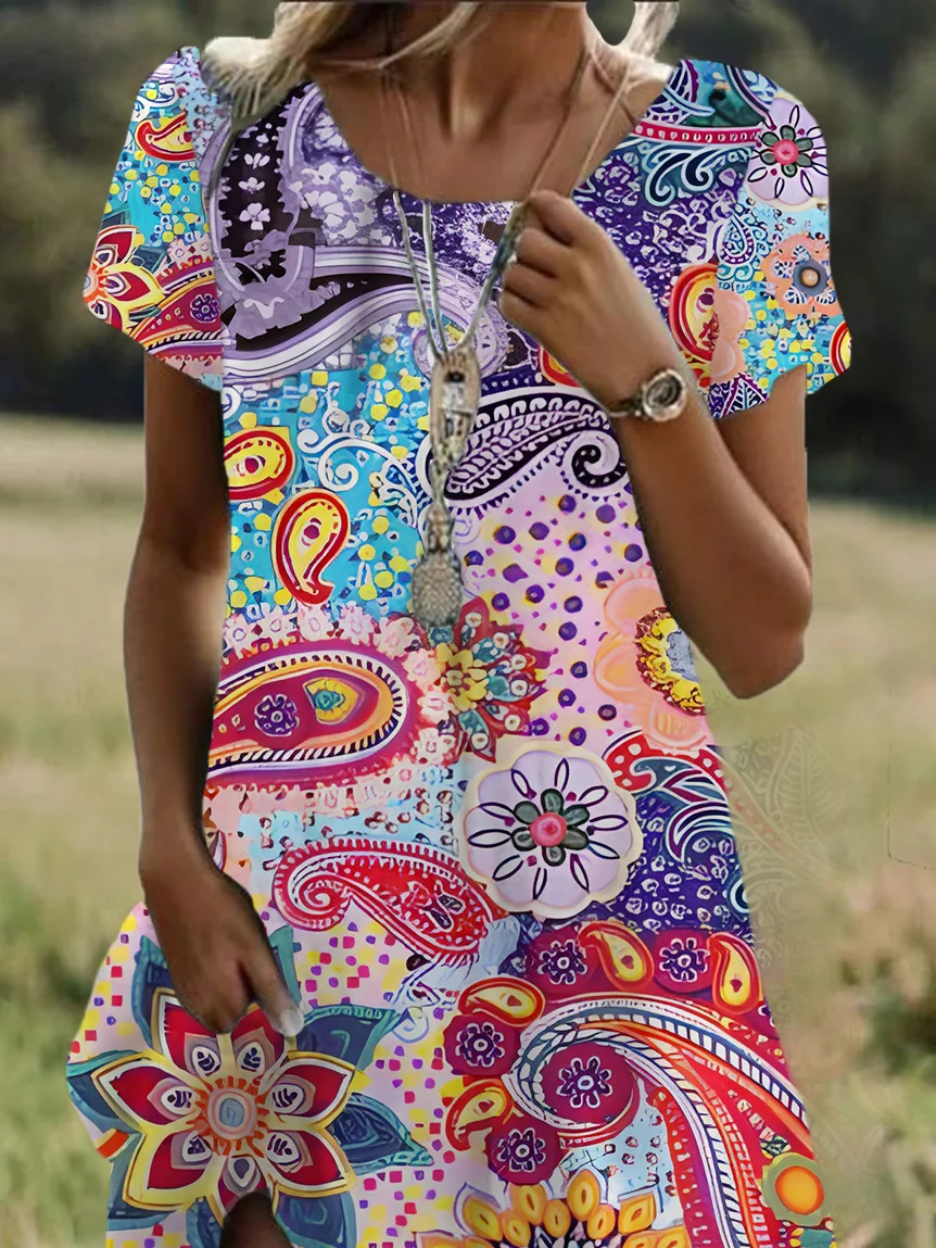 Women Floral Short Sleeve Summer Printing Dress Crew Neck Daily Casual Mini Tunic H-Line Dress