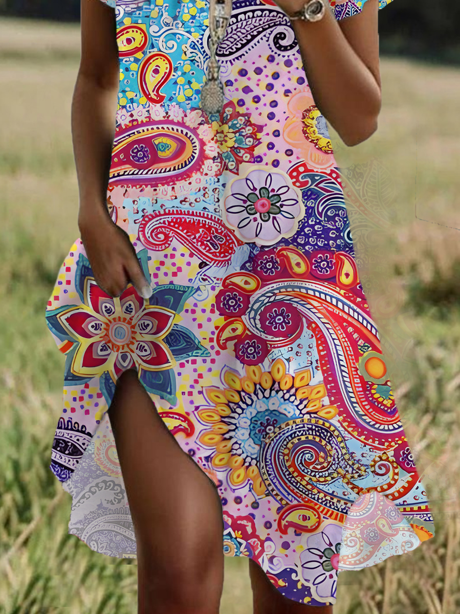 Women Floral Short Sleeve Summer Printing Dress Crew Neck Daily Casual Mini Tunic H-Line Dress