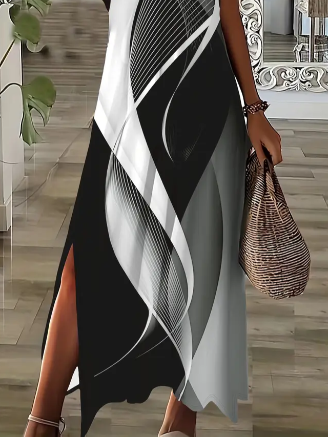 Women Abstract Short Sleeve Summer Printing Dress V Neck Daily Casual Maxi X-Line Dress