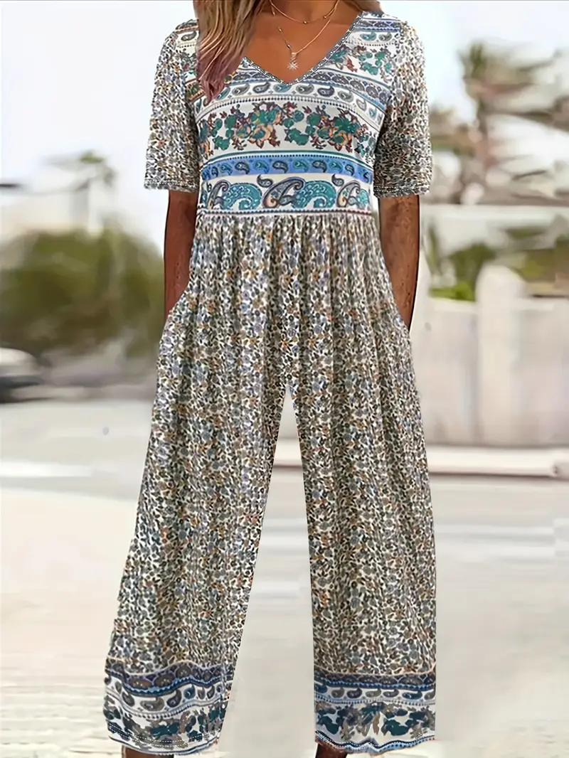 Women Floral V Neck Half Sleeve Casual Summer Jumpsuit