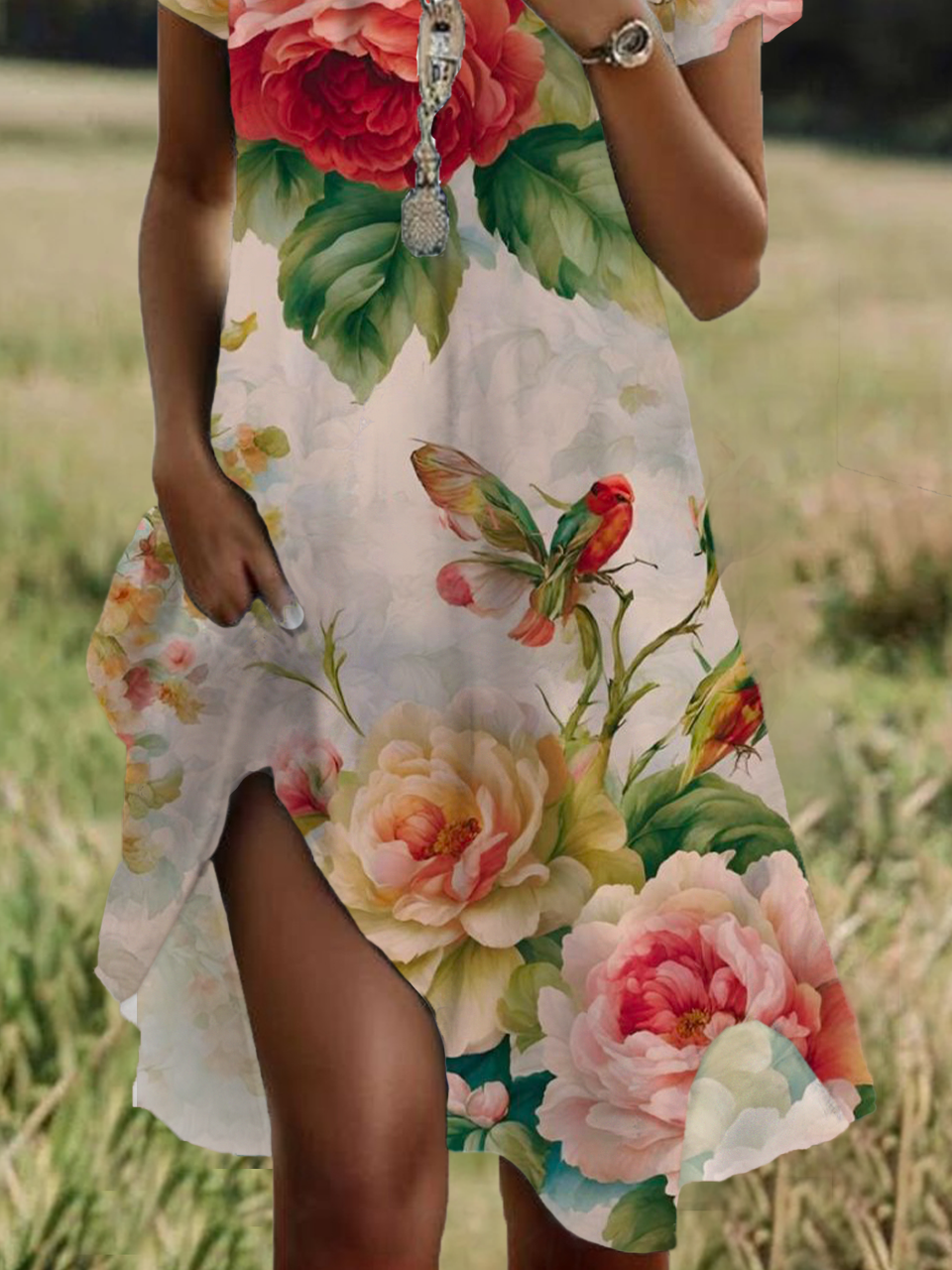 Women Floral Short Sleeve Summer Printing Dress Crew Neck Daily Casual Mini Tunic H-Line Dress