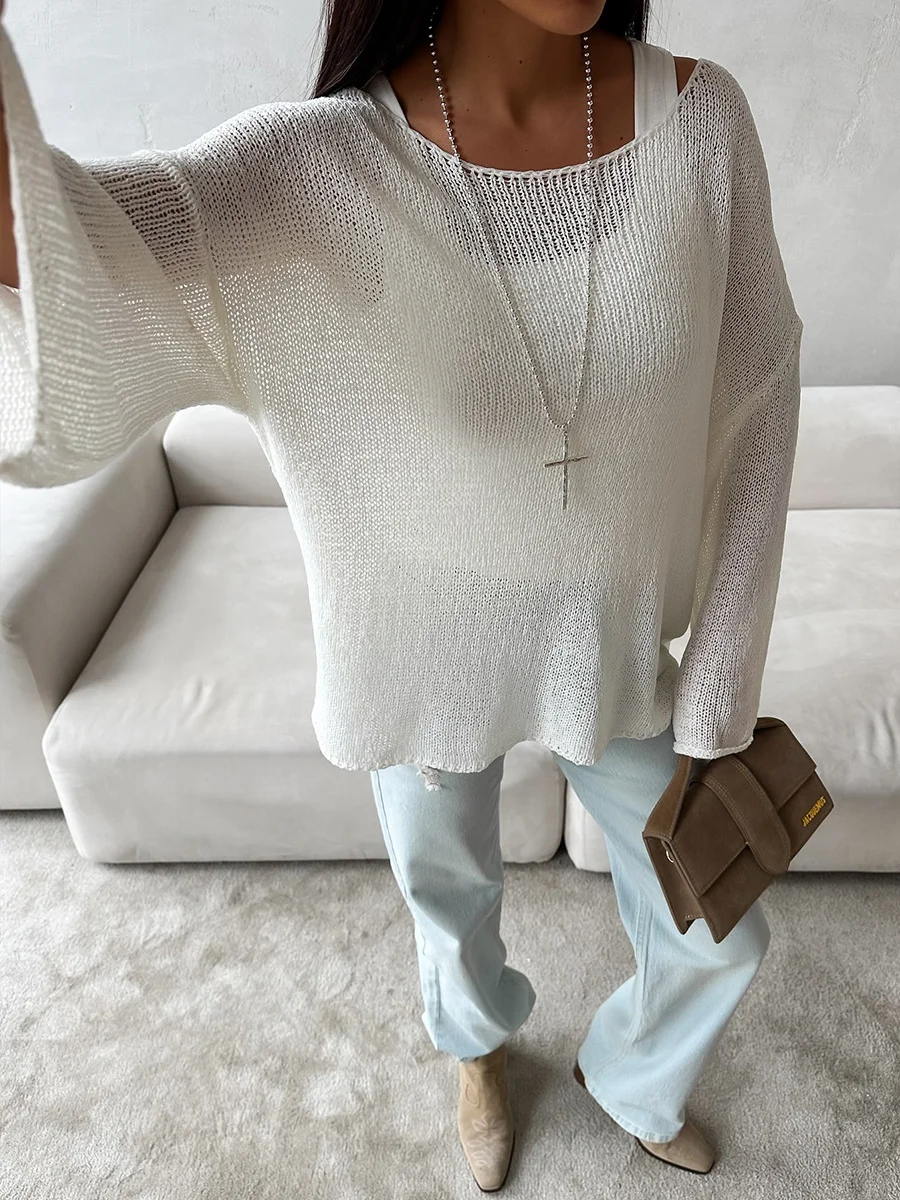 Women Plain Woven Spring/Fall Casual Long Sleeve Off The Shoulder Cotton Sweater