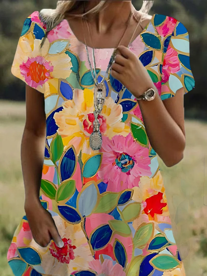 Women Floral Short Sleeve Summer Printing Dress Crew Neck Daily Casual Mini Tunic H-Line Dress