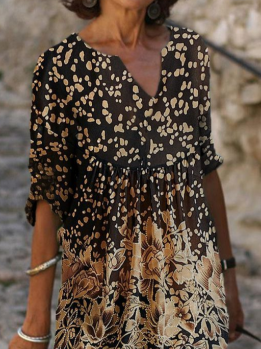 Women Floral Half Sleeve Summer Printing Dress V Neck Daily Casual Mini Shift Dress H-Line Dress