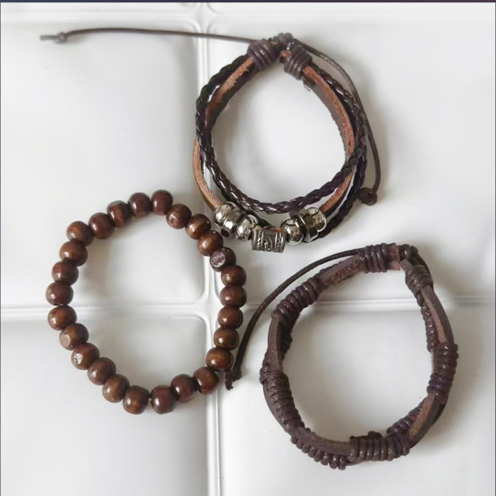 Retro Street Cowboy Leather Bracelet Niche Korean Trend Multi-layer Bodhi Wood Bracelet Adjustable Bracelet