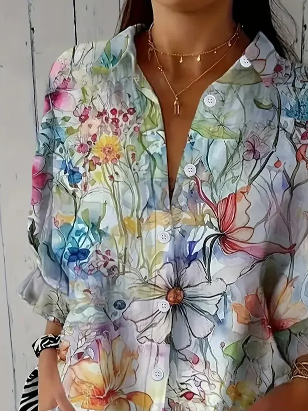 Women Floral Three Quarter Sleeve Shirt Spring/Fall Printing Shirt Collar Daily Casual Top