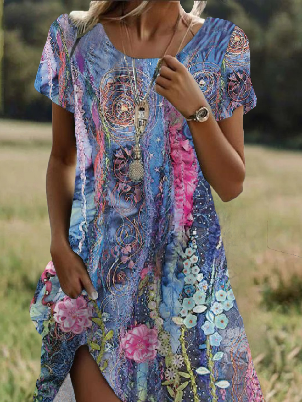 Women Floral Short Sleeve Summer Printing Dress Crew Neck Daily Casual Mini Tunic H-Line Dress