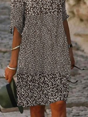Women Floral Half Sleeve Summer Printing Dress V Neck Daily Casual Mini Shift Dress H-Line Dress