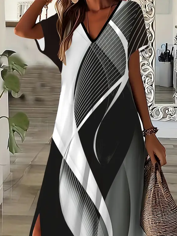 Women Abstract Short Sleeve Summer Printing Dress V Neck Daily Casual Maxi X-Line Dress