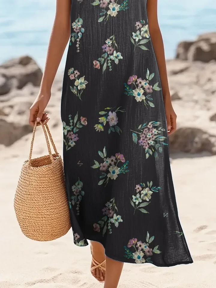 Women Floral Sleeveless Summer Printing Dress Crew Neck Daily Casual Maxi Tank H-Line Dress