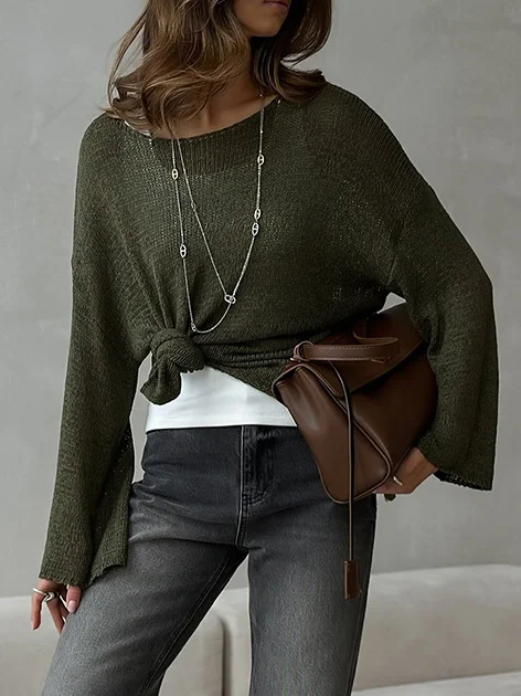 Women Plain Woven Spring/Fall Casual Long Sleeve Off The Shoulder Cotton Sweater