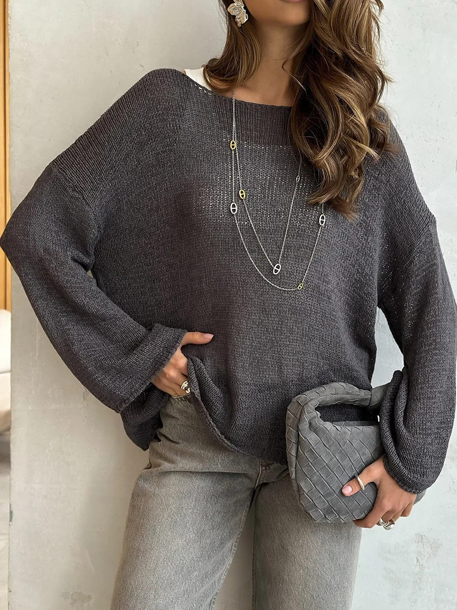 Women Plain Woven Spring/Fall Casual Long Sleeve Off The Shoulder Cotton Sweater