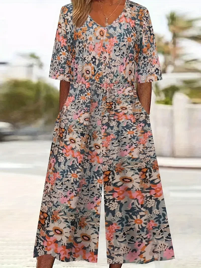 Women Floral V Neck Half Sleeve Casual Summer Jumpsuit
