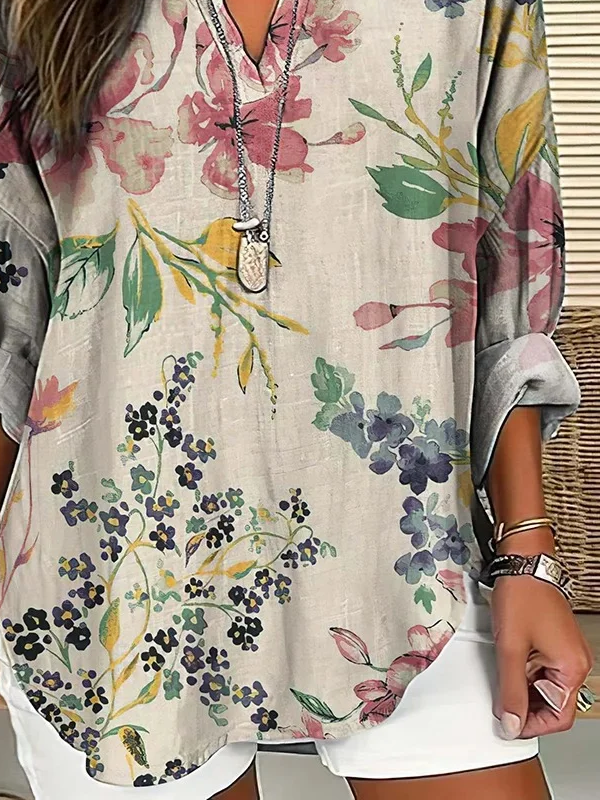 Women Floral Long Sleeve Blouse Spring/Fall Printing V Neck Daily Casual Top