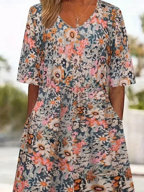 Women Floral V Neck Half Sleeve Casual Summer Jumpsuit