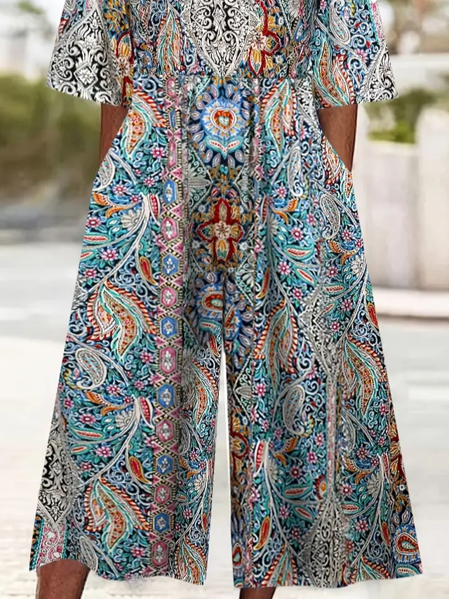 Women Floral V Neck Half Sleeve Casual Summer Jumpsuit