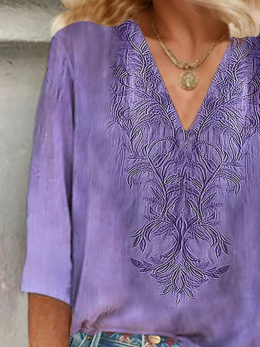 Women Floral Three Quarter Sleeve Blouse Spring/Fall Printing V Neck Daily Casual Top