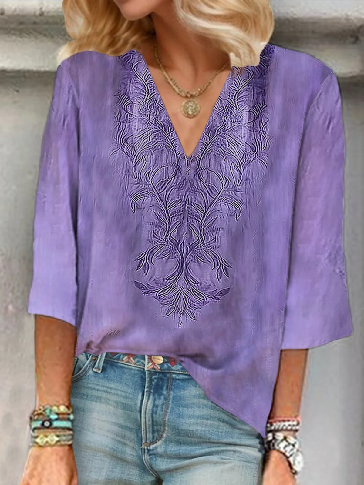 Women Floral Three Quarter Sleeve Blouse Spring/Fall Printing V Neck Daily Casual Top