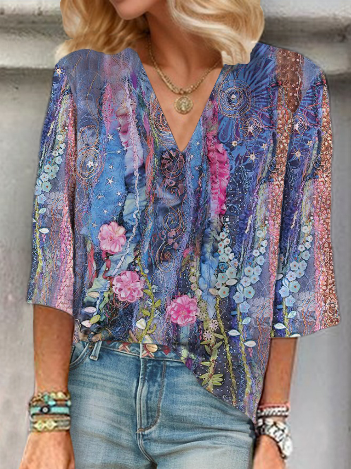 Women Floral Three Quarter Sleeve Blouse Spring/Fall Printing V Neck Daily Casual Top