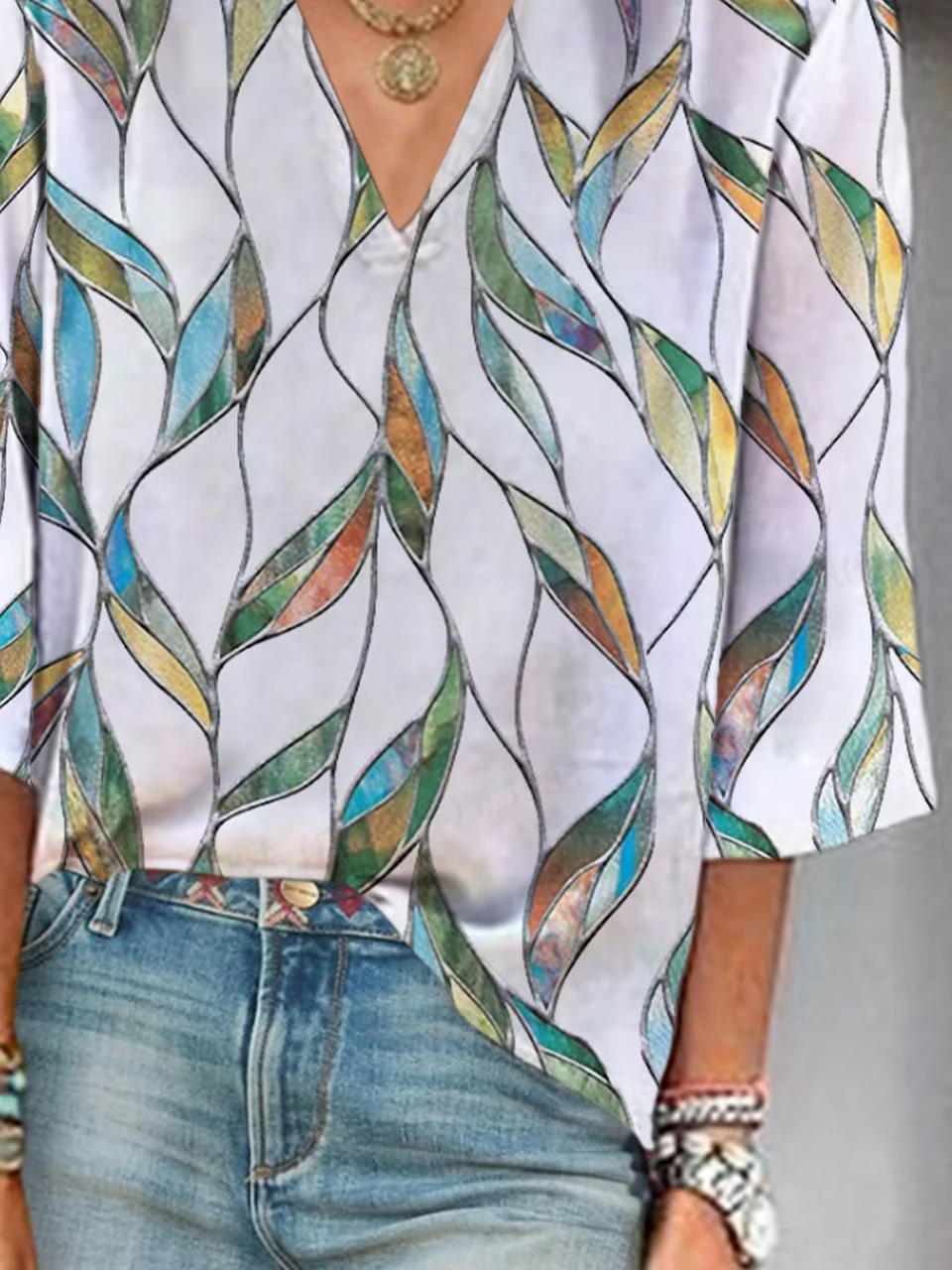 Women Floral Three Quarter Sleeve Blouse Spring/Fall Printing V Neck Daily Casual Top