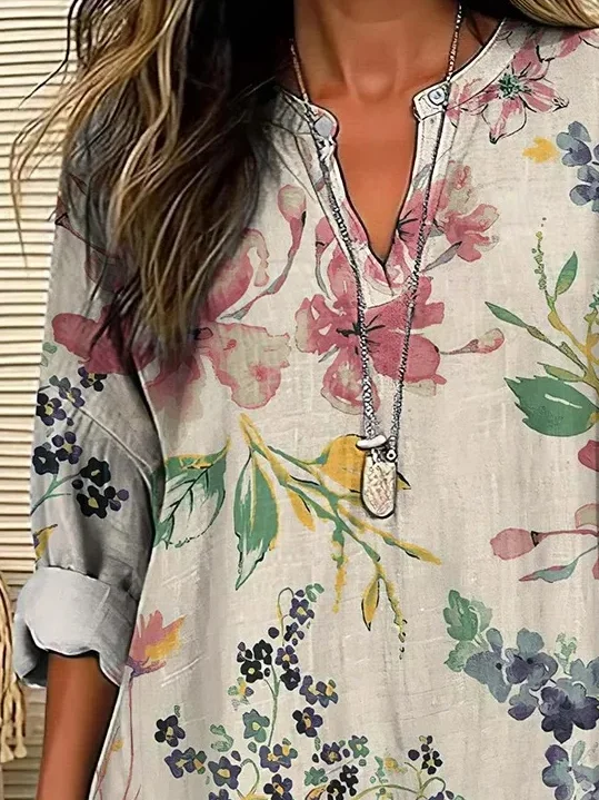 Women Floral Long Sleeve Blouse Spring/Fall Printing V Neck Daily Casual Top