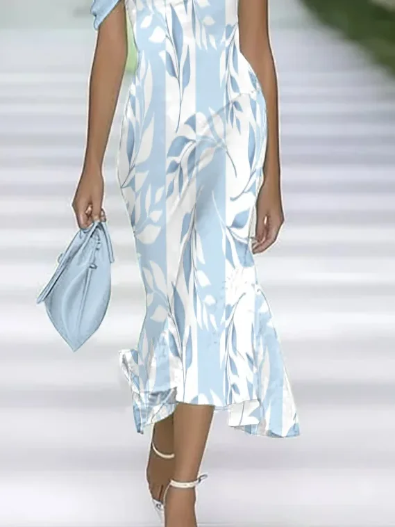 Women Floral Cap Sleeve Summer Printing Dress Cold Shoulder Daily Vintage Maxi H-Line Dress