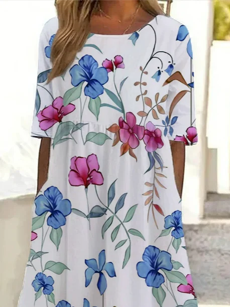 Women Floral Half Sleeve Summer Printing Dress Crew Neck Daily Casual Maxi A-Line Dress