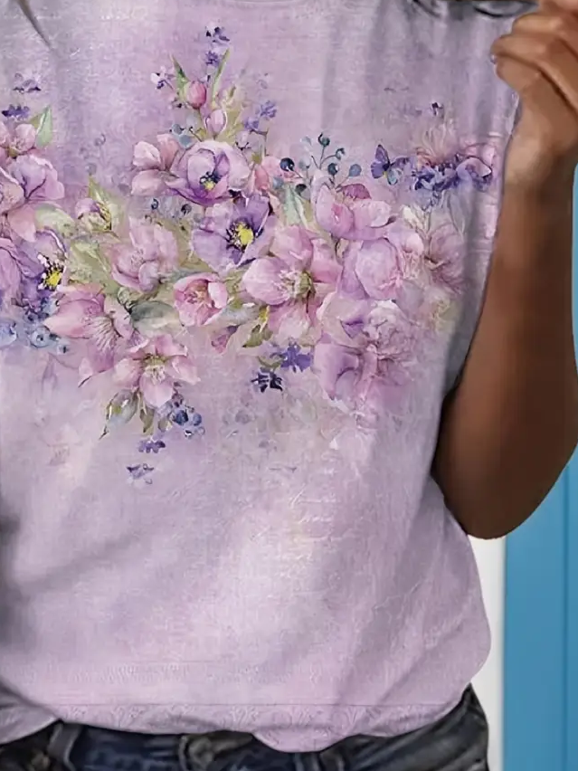 Women Floral Short Sleeve Tee T-shirt Crew Neck Printing Casual Summer Graphic Tee Top