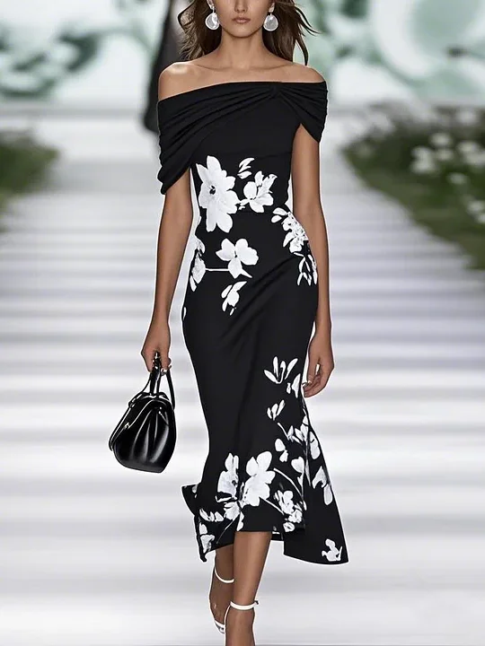 Women Floral Cap Sleeve Summer Printing Dress Cold Shoulder Daily Vintage Maxi H-Line Dress