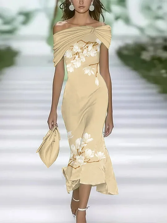 Women Floral Cap Sleeve Summer Printing Dress Cold Shoulder Daily Vintage Maxi H-Line Dress