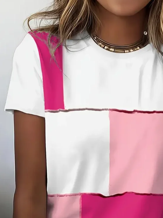 Women Multicolor Block Short Sleeve Tee T-shirt Crew Neck Printing Casual Summer Graphic Tee Top