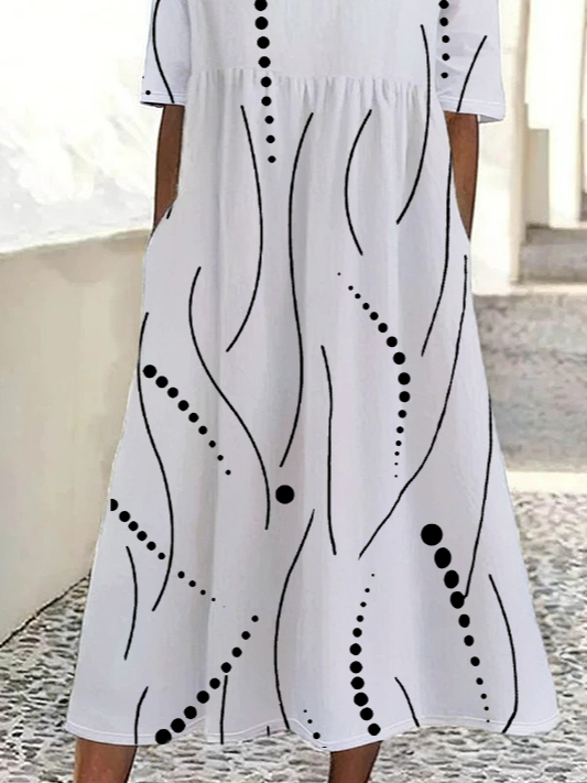 Women Polka Dots Half Sleeve Summer Printing Dress Crew Neck Daily Casual Maxi A-Line Dress