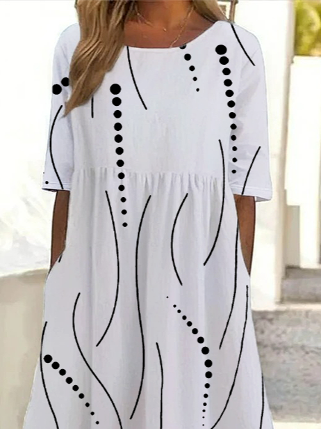 Women Polka Dots Half Sleeve Summer Printing Dress Crew Neck Daily Casual Maxi A-Line Dress