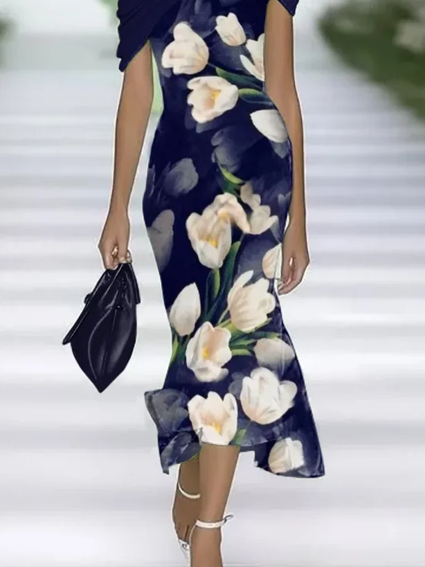 Women Floral Cap Sleeve Summer Printing Dress Cold Shoulder Daily Vintage Maxi H-Line Dress