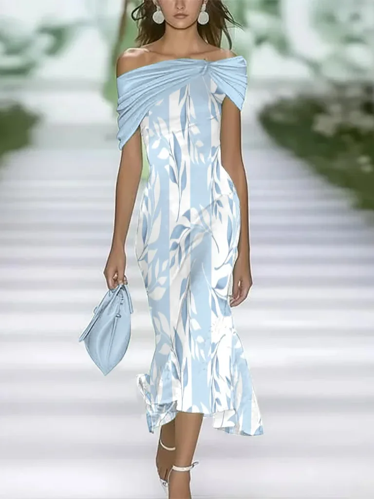 Women Floral Cap Sleeve Summer Printing Dress Cold Shoulder Daily Vintage Maxi H-Line Dress