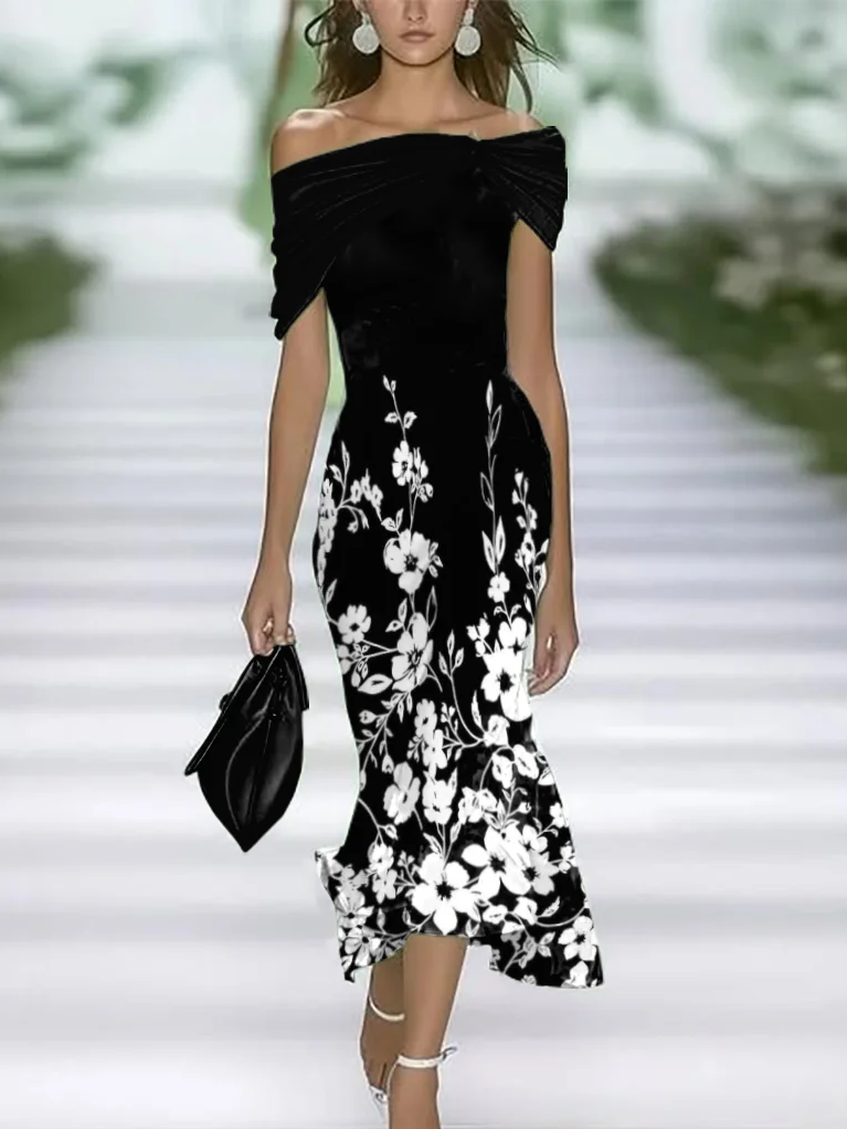 Women Floral Cap Sleeve Summer Printing Dress Cold Shoulder Daily Vintage Maxi H-Line Dress