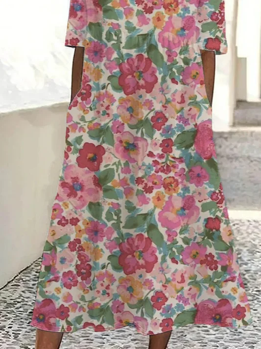 Women Floral Half Sleeve Summer Printing Dress Crew Neck Daily Casual Maxi A-Line Dress