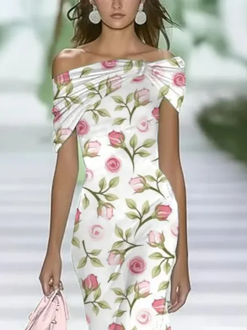 Women Floral Cap Sleeve Summer Printing Dress Cold Shoulder Daily Vintage Maxi H-Line Dress