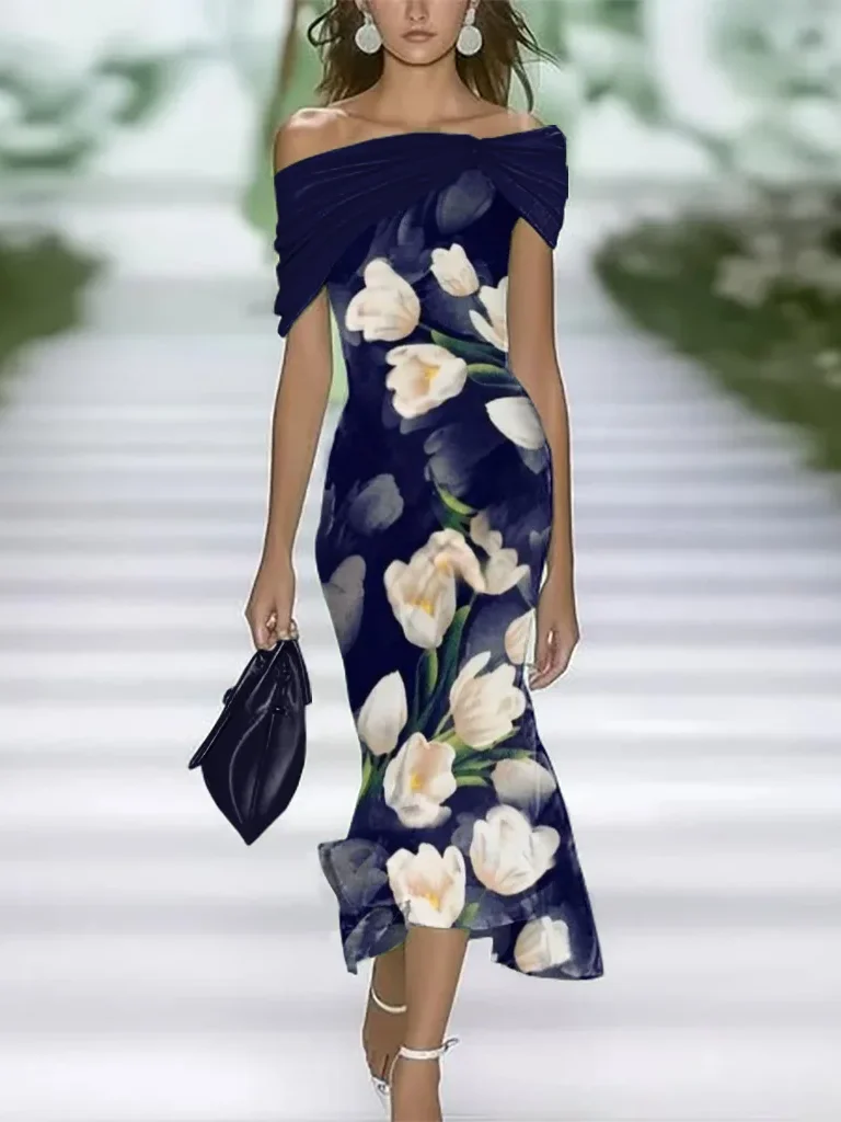 Women Floral Cap Sleeve Summer Printing Dress Cold Shoulder Daily Vintage Maxi H-Line Dress