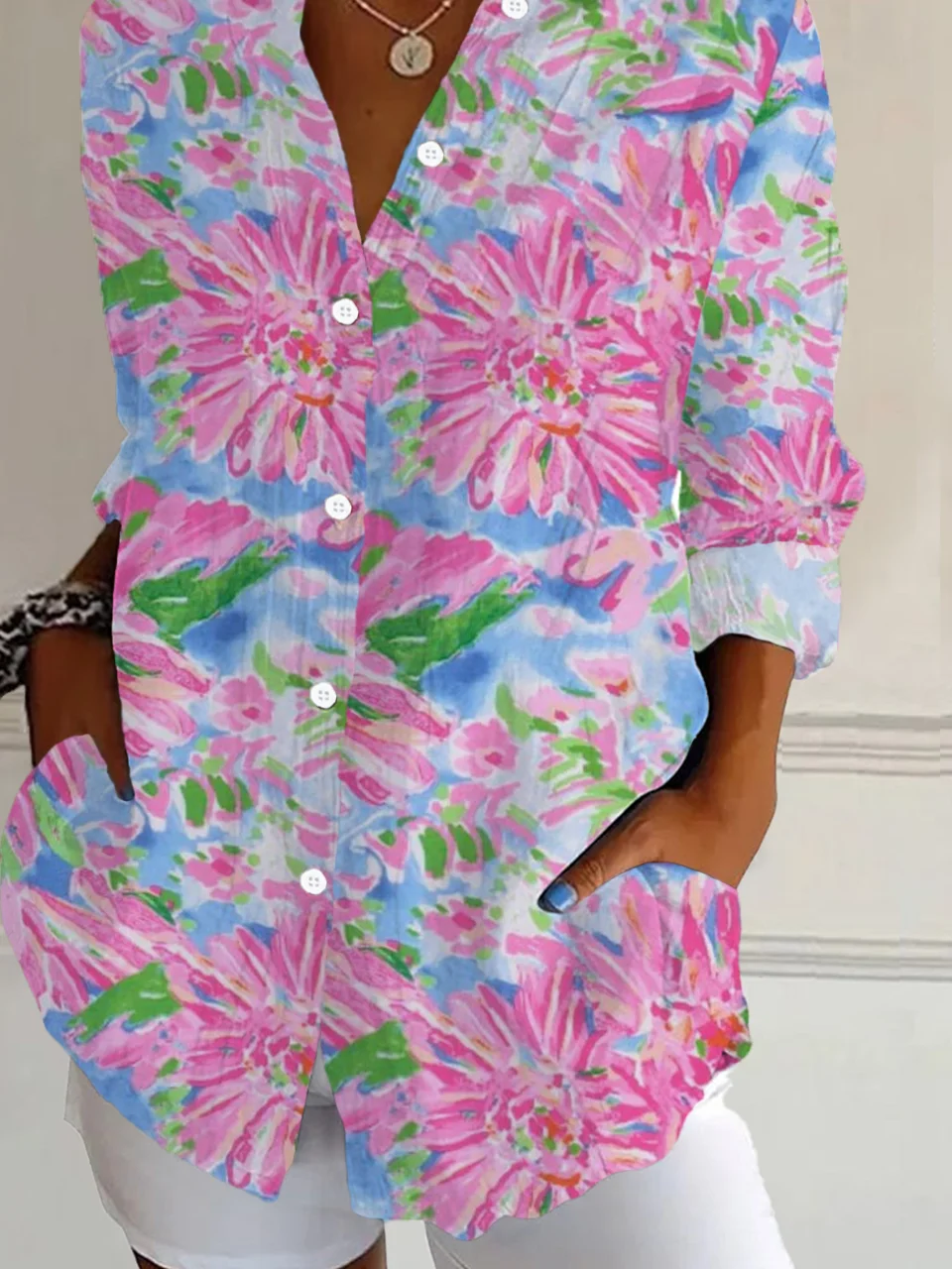 Women Floral Long Sleeve Shirt Spring/Fall Buckle Shirt Collar Daily Casual Top