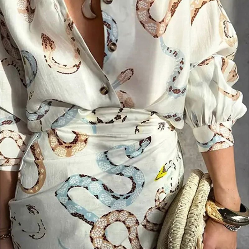 Women Floral Printing Two-Piece Set Daily Long Sleeve Casual Spring/Fall Top With Skirt Matching Set