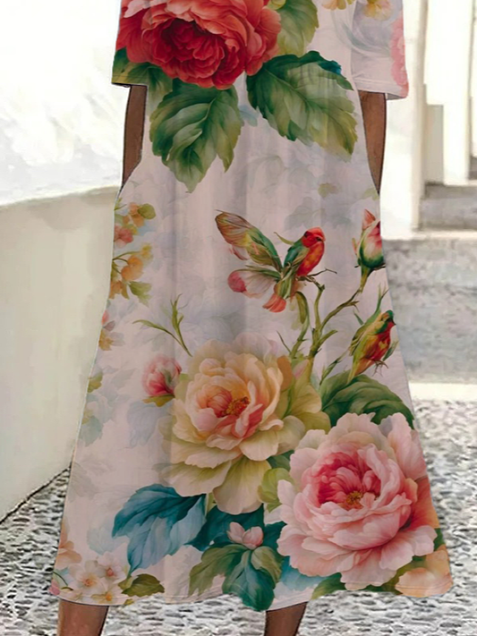 Women Floral Half Sleeve Summer Printing Dress Crew Neck Daily Casual Maxi A-Line Dress