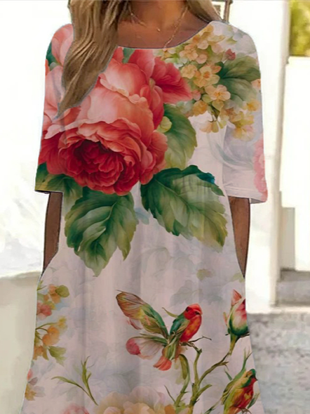 Women Floral Half Sleeve Summer Printing Dress Crew Neck Daily Casual Maxi A-Line Dress